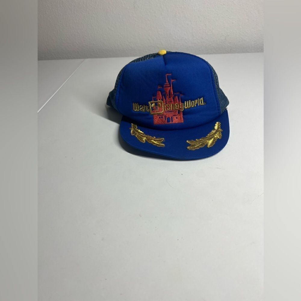Vintage Walt Disney World 1980's Mesh Snapback Blue Trucker Hat Cap Gold Leaf - Picture 2 of 5